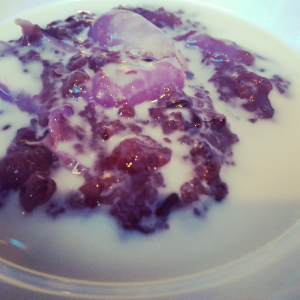 6th Course - Rice Pudding - Purple rice pudding with Lychee, warm coconut milk infused Pandan leaf.